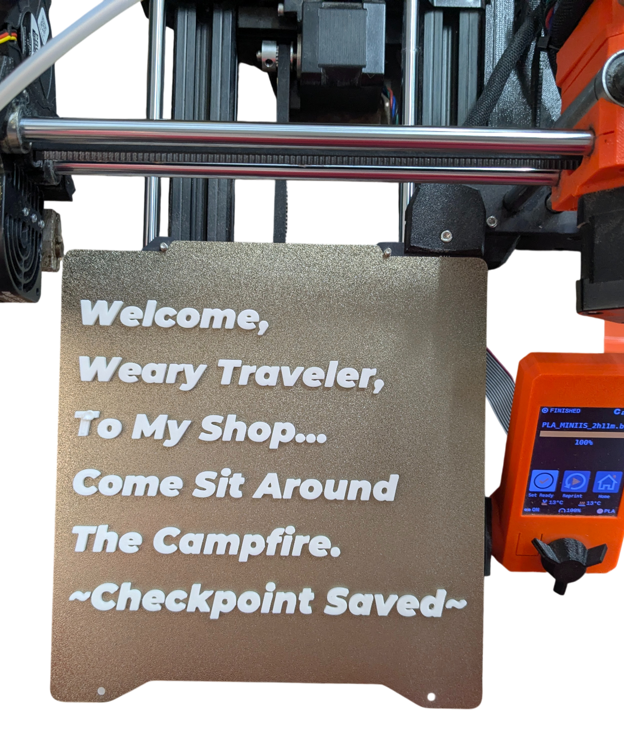 A 3D-printed welcome plate fresh off the printer.